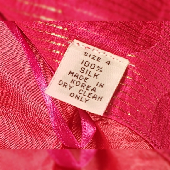 Pink Polka Dot Metalic Gold Silk Vtg Dress XS - Picture 11 of 11